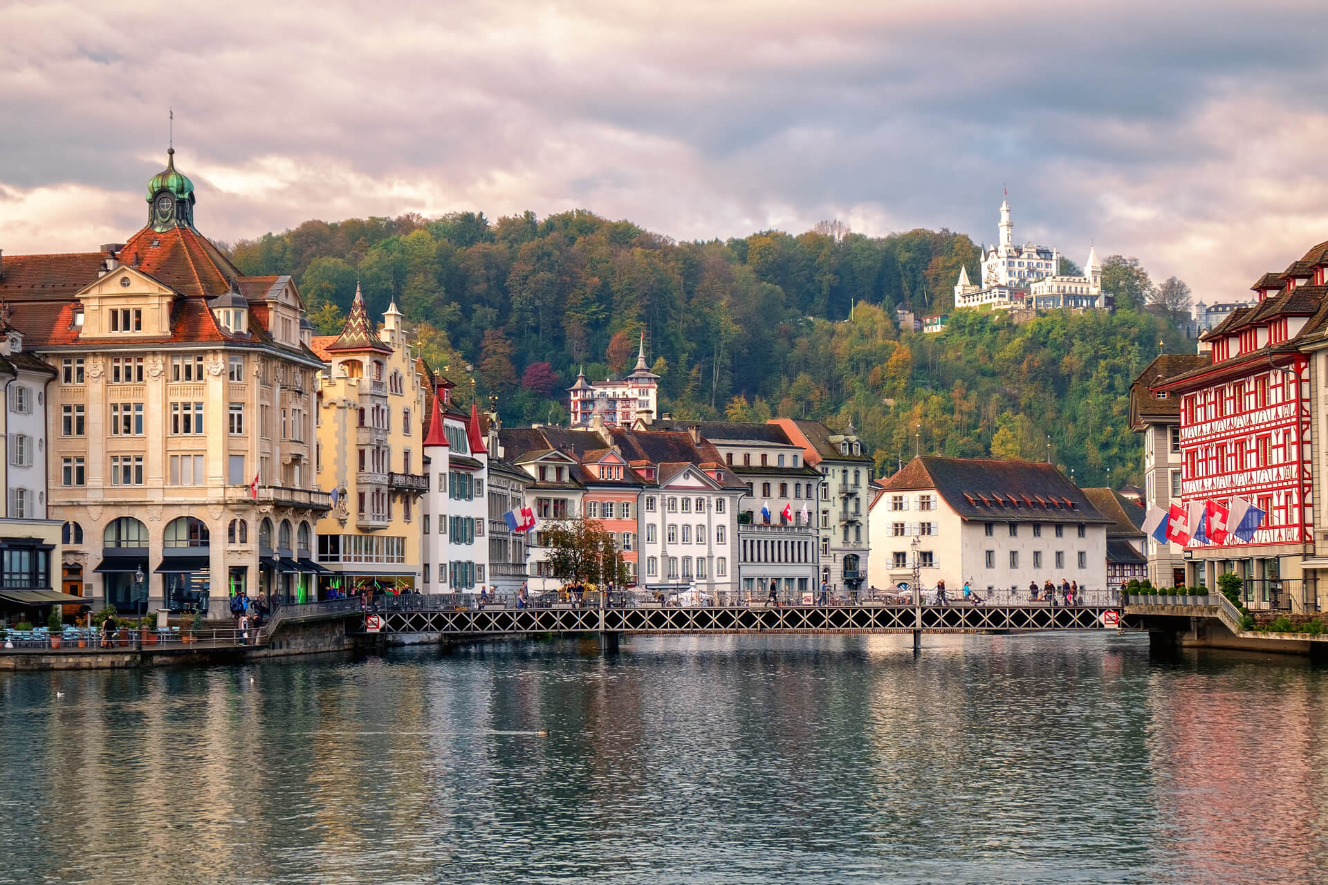 Old town of Lucerne and Chateau Gutsch on Reuss River
